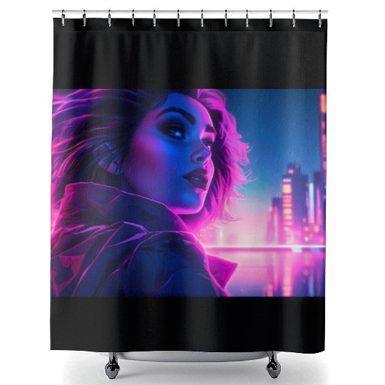 Synthwave girl in front of a neon light city Shower Curtains