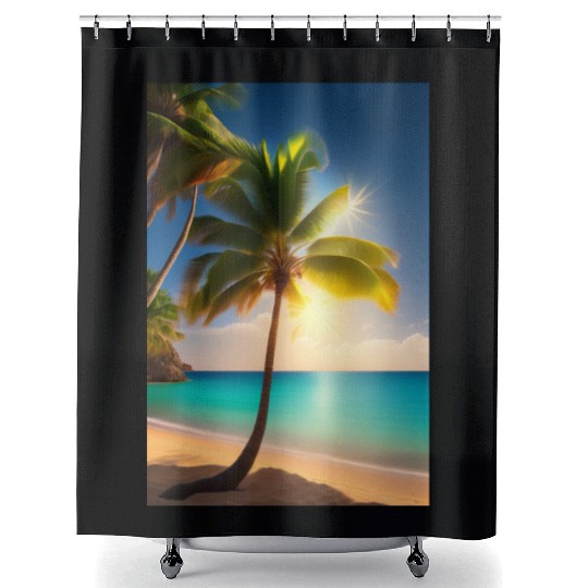 the Palm tree with sun shine logo design Shower Curtains