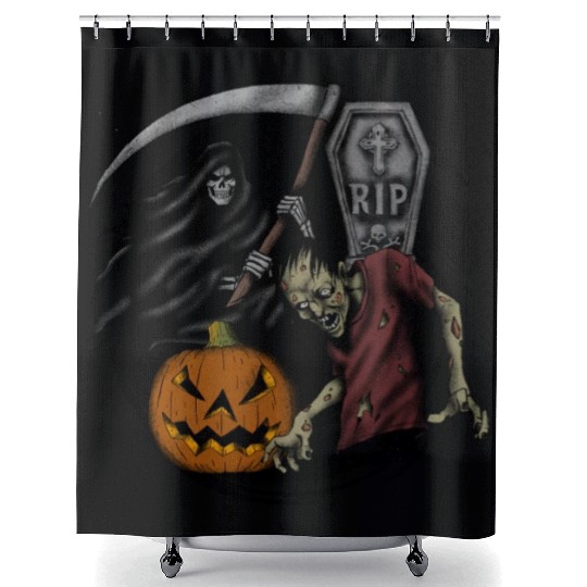 Scary pumpkin zombie Halloween grim reaper Shower Curtains