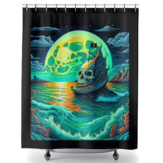 Pirate Ship With A Skull At Full Moon Shower Curtains