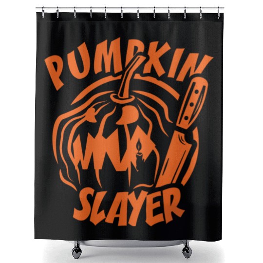 Pumpkin Slayer plain green Shower Curtains