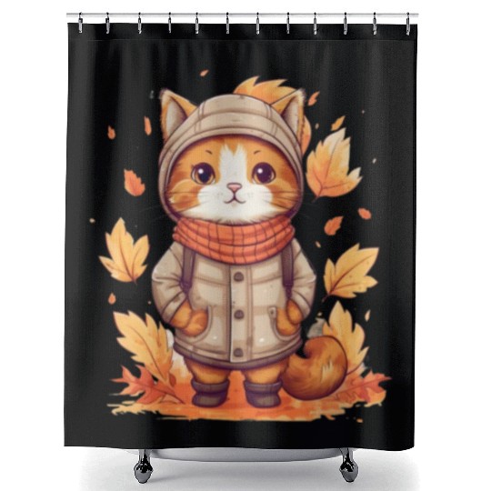 Autumn Cat Nature Leaves Season Shower Curtains