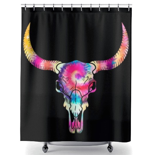 Cow Shower Curtains, Cow Skull Tie Dye Watercolor Shower Curtains, Cow
