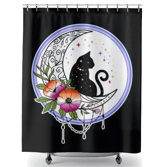 Galaxy Cat and Flowers in Lesbian Flag Colors Shower Curtains