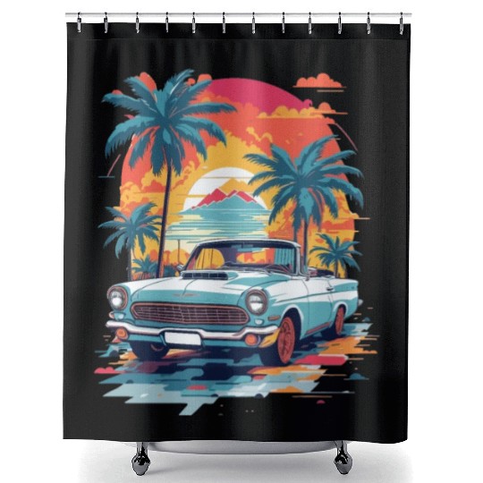 Retro classic car in Miami street Shower Curtains