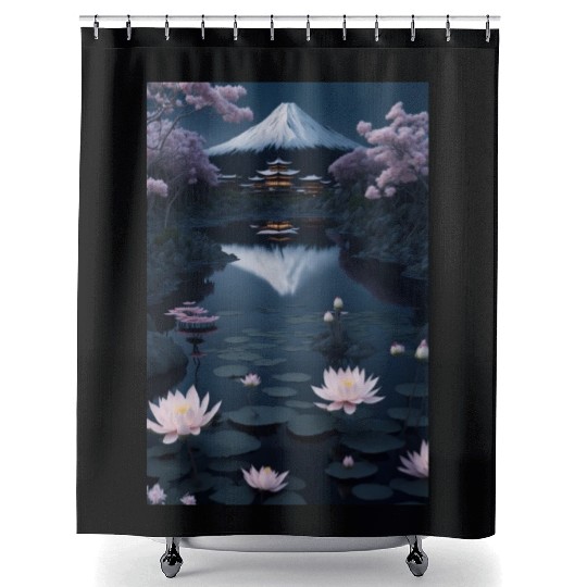 Asia Landscape by night Serene Mount Fuji Shower Curtains