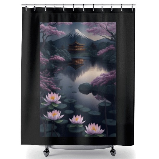 Asia Landscape by night Serene Mount Fuji Shower Curtains