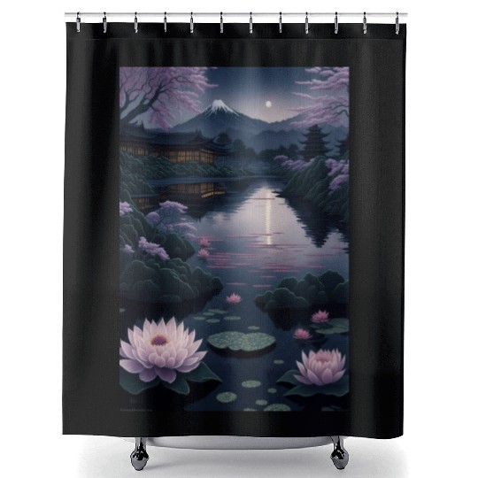 Asia Landscape by night Serene Mount Fuji Shower Curtains