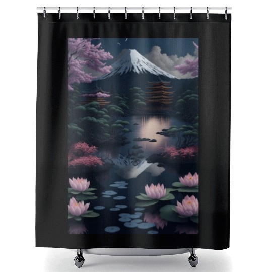 Asia Landscape by night Serene Mount Fuji Shower Curtains