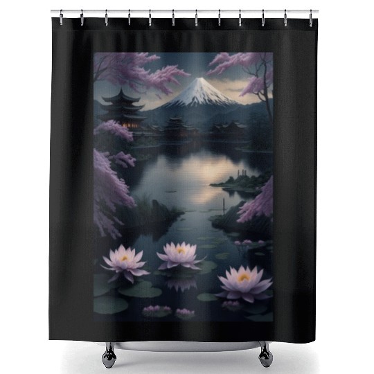 Asia Landscape by night Serene Mount Fuji Shower Curtains