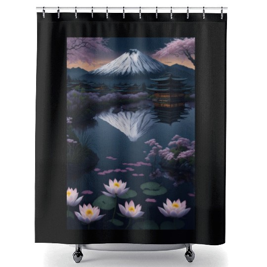 Asia Landscape by night Serene Mount Fuji Shower Curtains