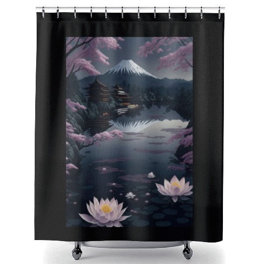 Asia Landscape by night Serene Mount Fuji Shower Curtains