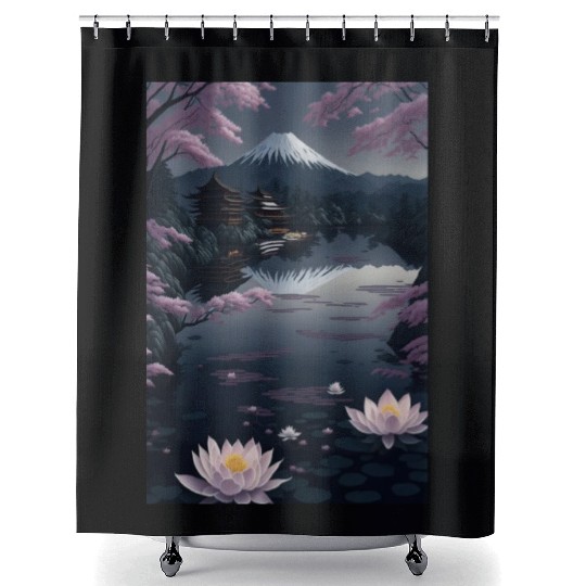 Asia Landscape by night Serene Mount Fuji Shower Curtains