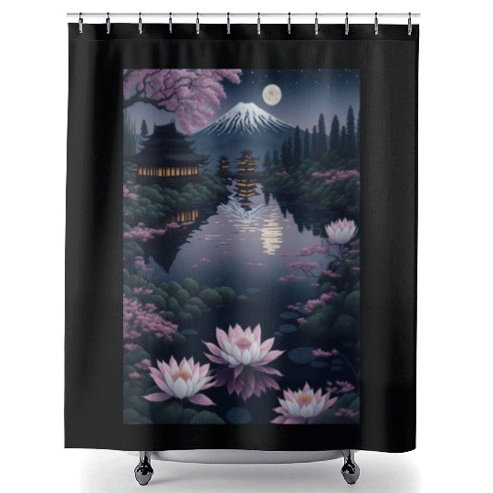 Asia Landscape by night Serene Mount Fuji Shower Curtains