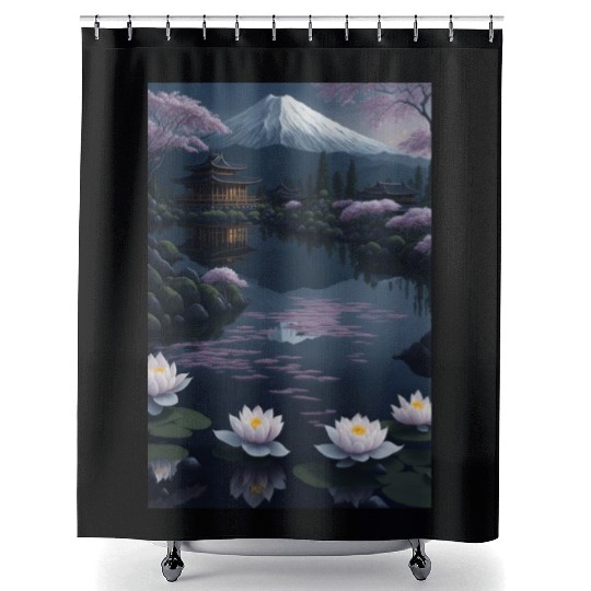 Asia Landscape by night Serene Mount Fuji Shower Curtains