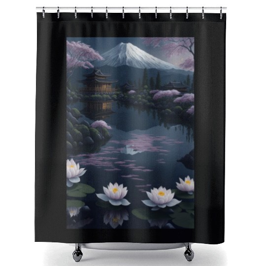 Asia Landscape by night Serene Mount Fuji Shower Curtains