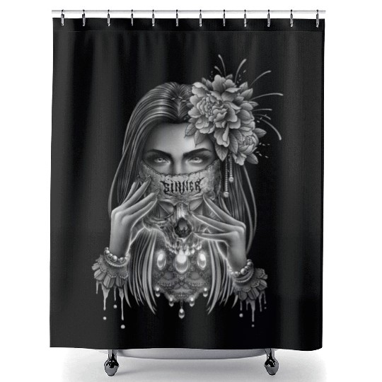 skull mask and peony flower Shower Curtains