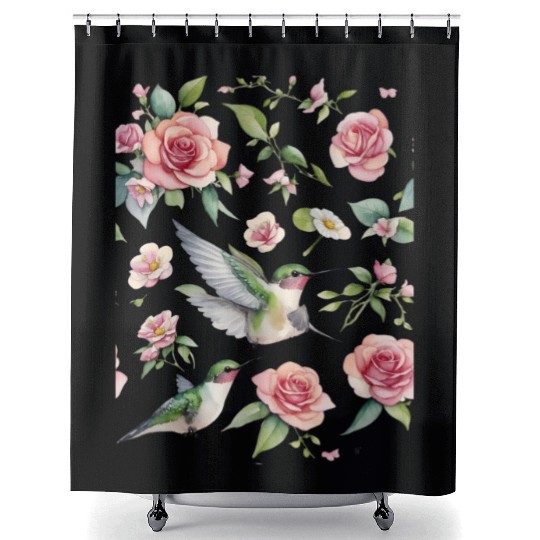 a little hummingbird and beautiful wildflowers Shower Curtains