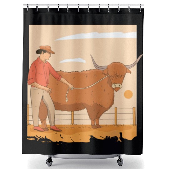Farmer With Highland Cow Shower Curtains