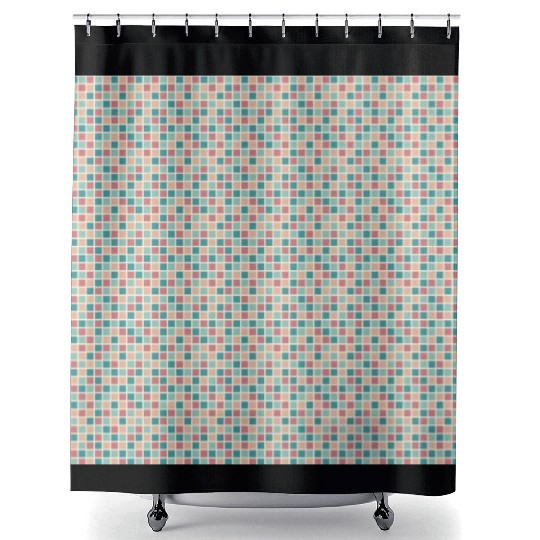 Retro Checkered Pattern Yellow Teal Coral Shower Curtains