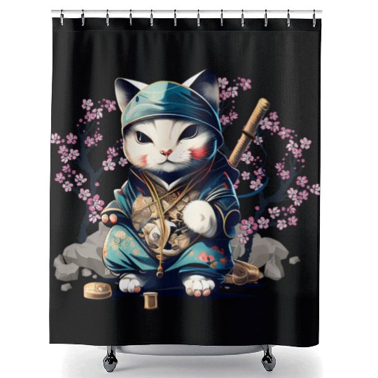 Samurai Cat Anime Kawaii Japanese Style Shower Curtains