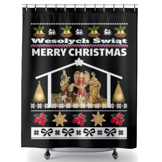 Polish Wesolych Swiat Nativity Scene Jesus Born Shower Curtains