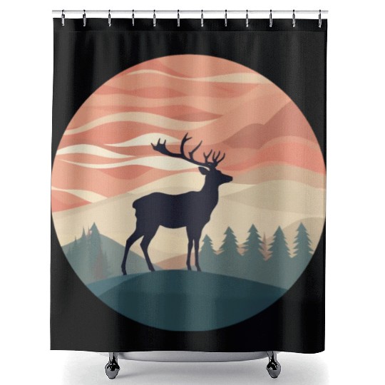 Deer Silhouette Emerald Forest Wanderlust Design Shower Curtains
