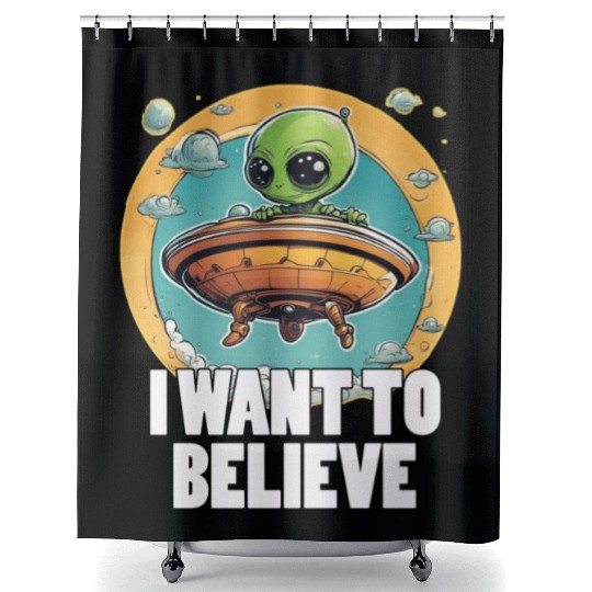 I WANT TO BELIEVE cute alien in spaceship Shower Curtains