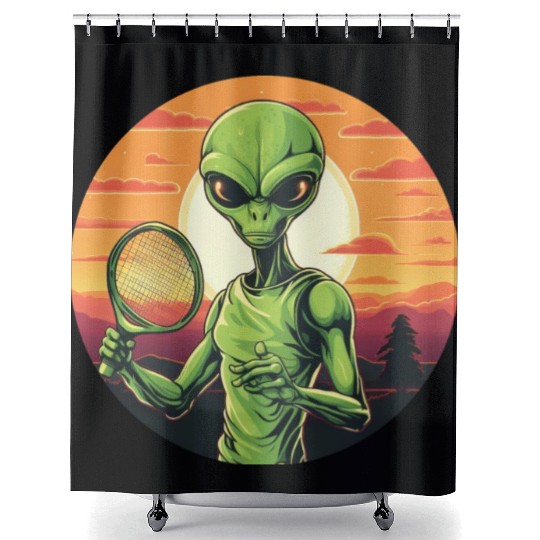 Alien playing Tennis/Badminton at Sunset Shower Curtains
