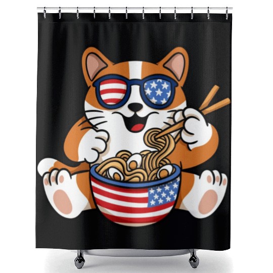 American Flag Cat Eating Ramen Food Lover Design Shower Curtains