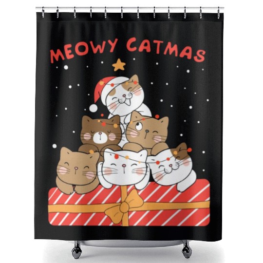 Meowy Catmas Xmas Novelty Cat Lover Shower Curtains