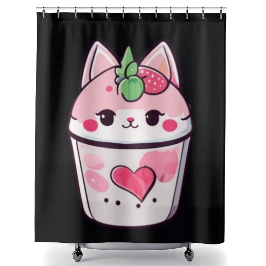 Cat Strawberry Milk Shake Kawaii Shower Curtains
