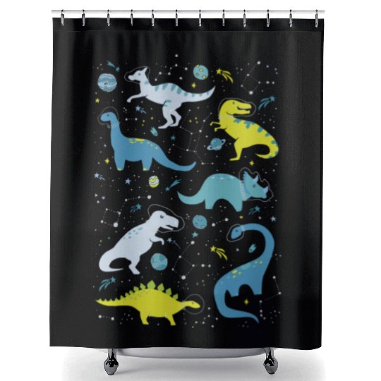 Space Dinosaurs In Bright Green And Blue Shower Curtains