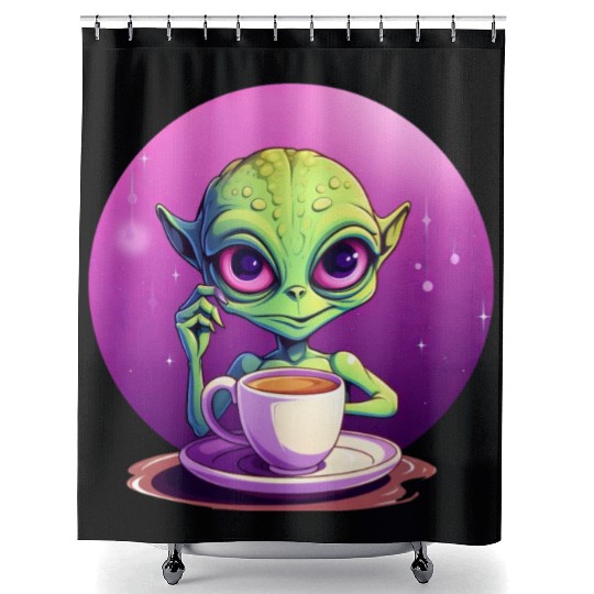 midnight Coffee: The Green Alien Drinker Shower Curtains