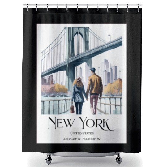 Watercolor painting loving couple in New York City Shower Curtains