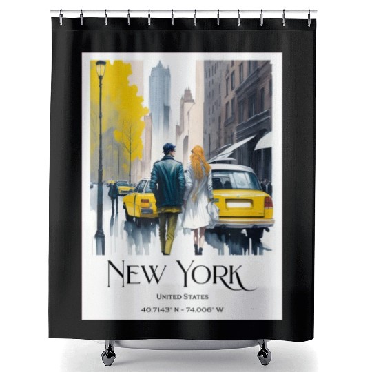 Watercolor painting loving couple in New York City Shower Curtains
