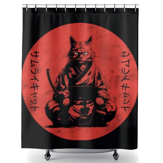 Wise Calm Vintage Retro Japanese Kitty Samurai Cat Shower Curtains