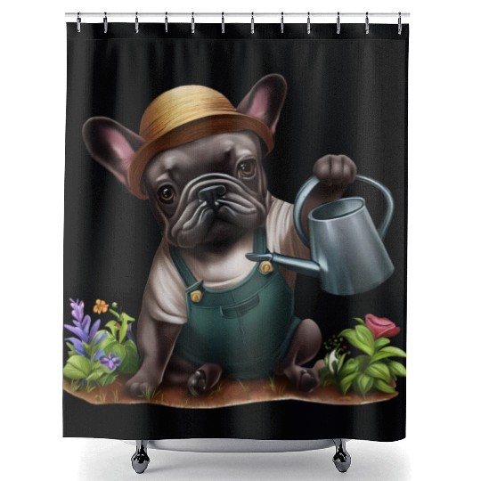 Frenchie Playing in the Garden Shower Curtains