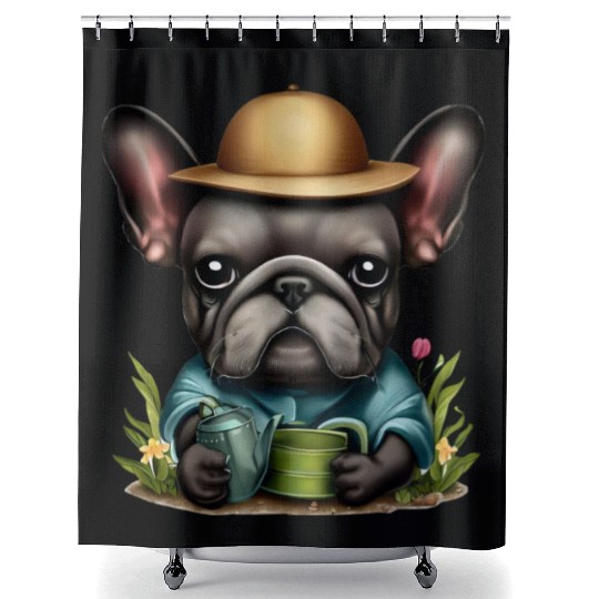 Frenchie Watering Plants Shower Curtains
