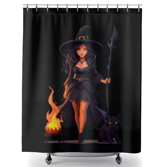 The evil witch and her black cat Shower Curtains