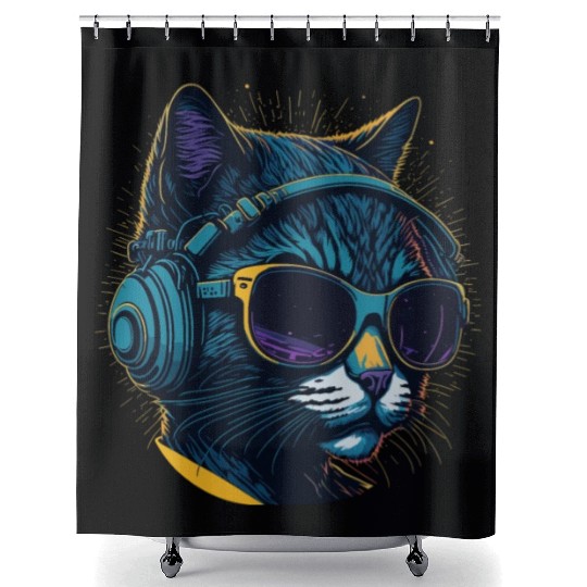 Cool Sunglasses Headphone Galaxy Cat Shower Curtains