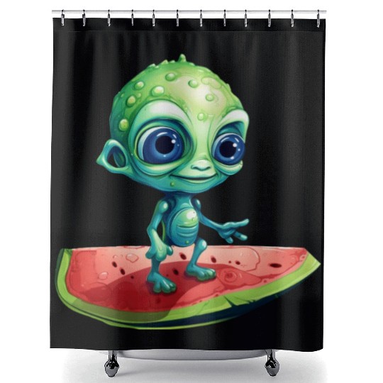 Green Alien Meets Watermelon: Exotic Encounter Shower Curtains
