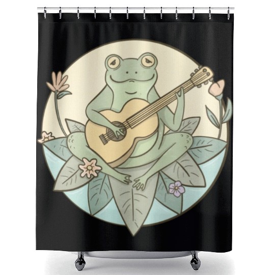 Cottagecore Aesthetic Frog Playing Guitar Shower Curtains