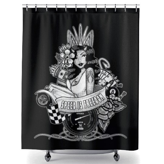 Pin up, Hot rod and Speedometer, black and white Shower Curtains
