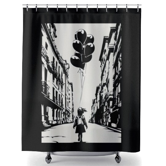 Girl Chasing Balloons Artwork Shower Curtains