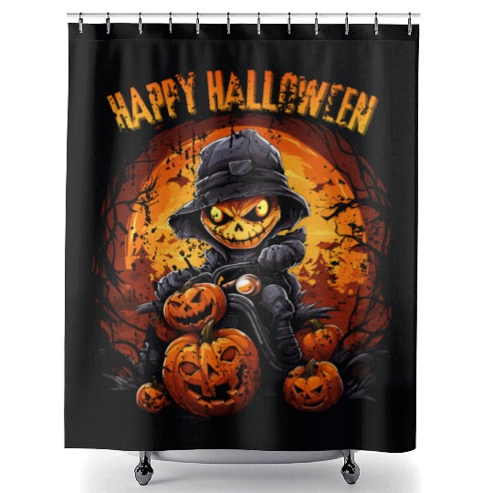 Halloween Pumpkin Riding Motorcycle Rider Shower Curtains