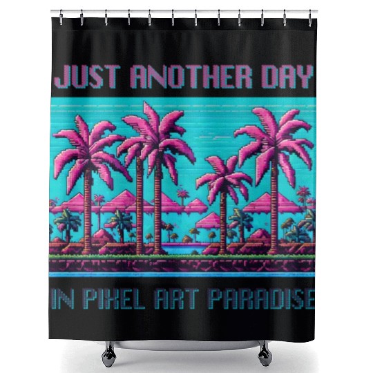 Just Another Day In Pixel Art Paradise Shower Curtains