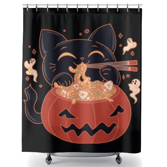 Kawaii Creepy black Cat Eating Ramen Noodles Shower Curtains