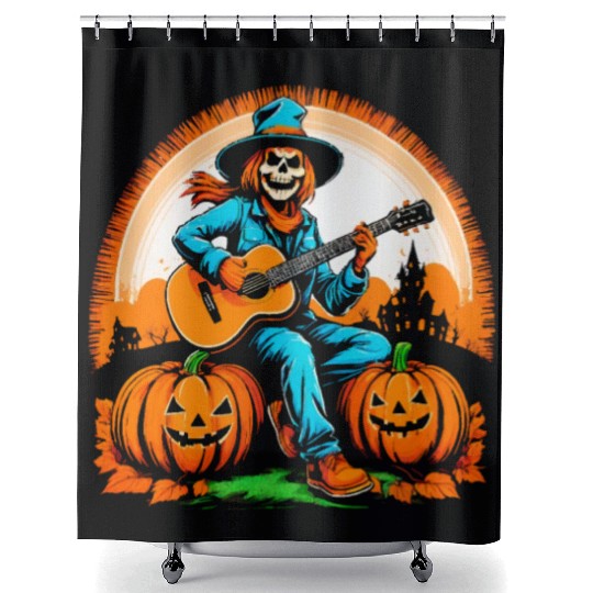 Happy Halloween scarecrow plays guitar Shower Curtains