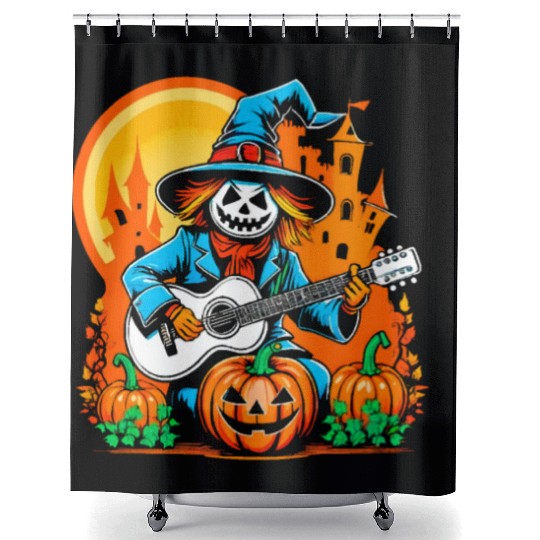 Happy Halloween scarecrow plays guitar Shower Curtains